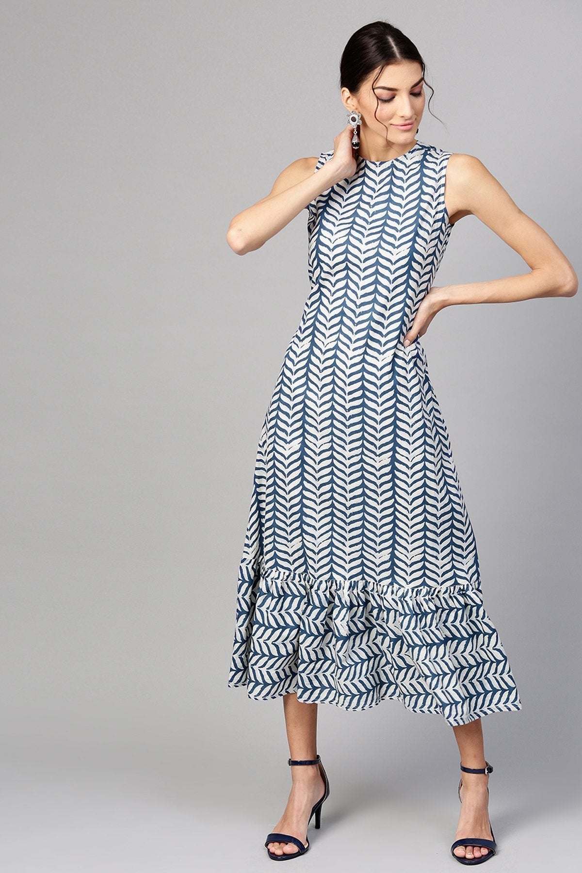 Women's Indigo Leaf Tiered Sleeveless Maxi