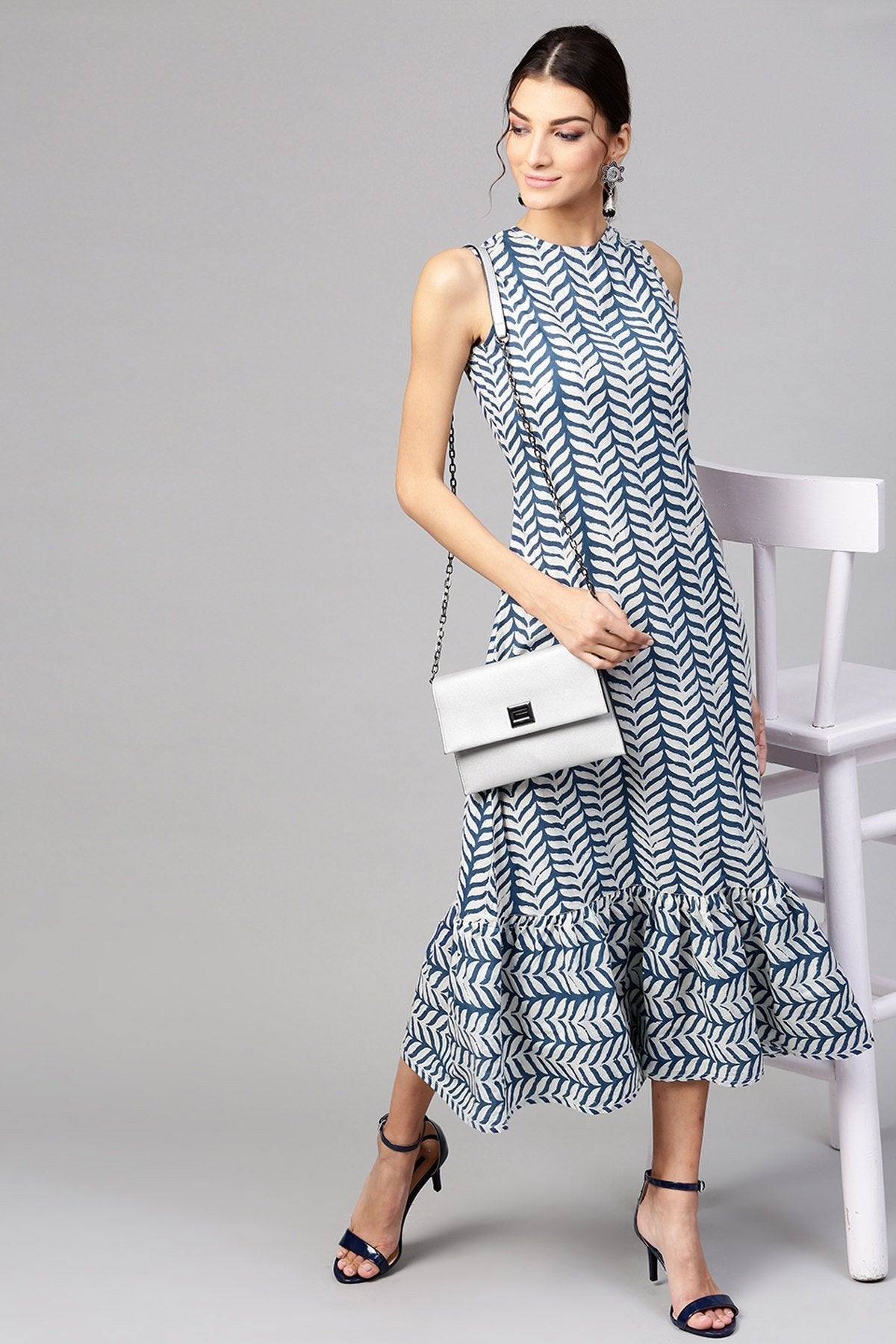 Women's Indigo Leaf Tiered Sleeveless Maxi