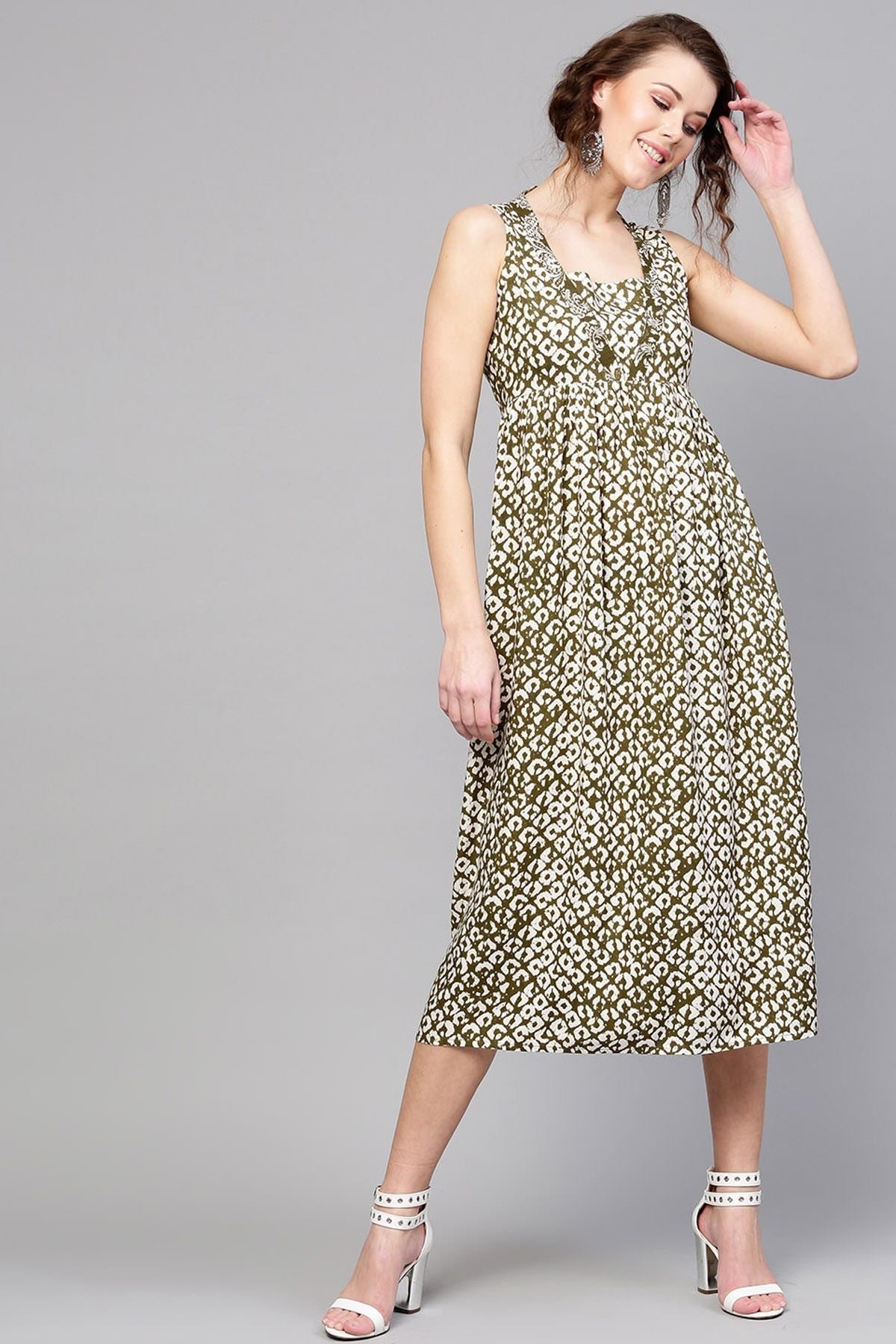Women's Olive Geo Print Sleeveless Dress
