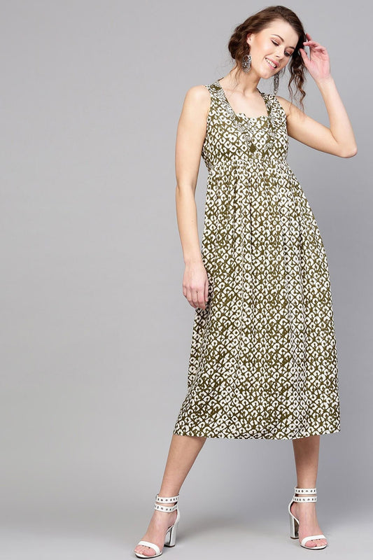 Women's Olive Geo Print Sleeveless Dress