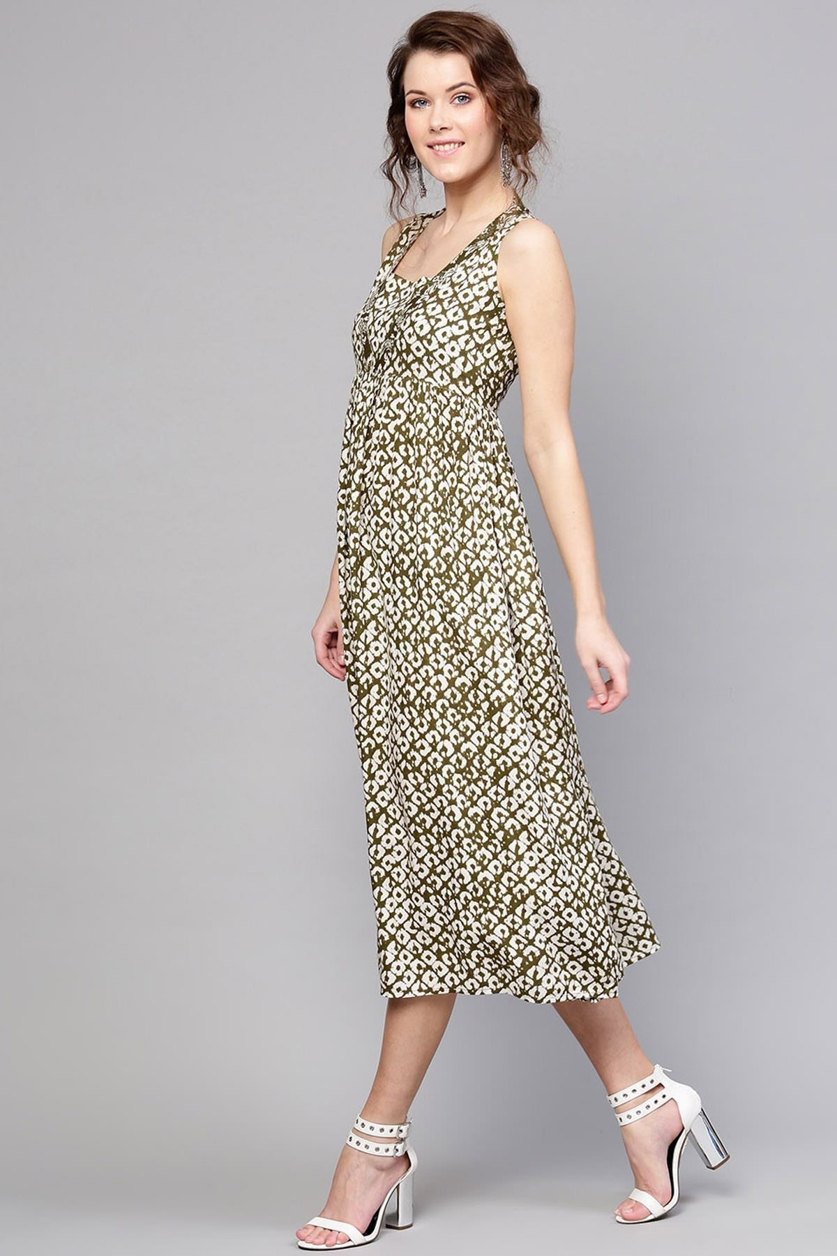 Women's Olive Geo Print Sleeveless Dress