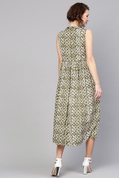 Women's Olive Geo Print Sleeveless Dress