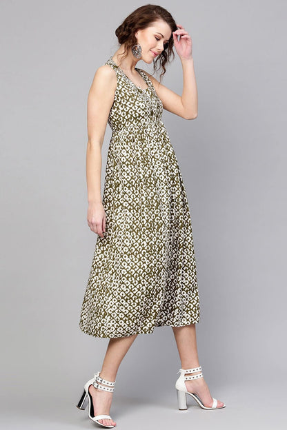 Women's Olive Geo Print Sleeveless Dress