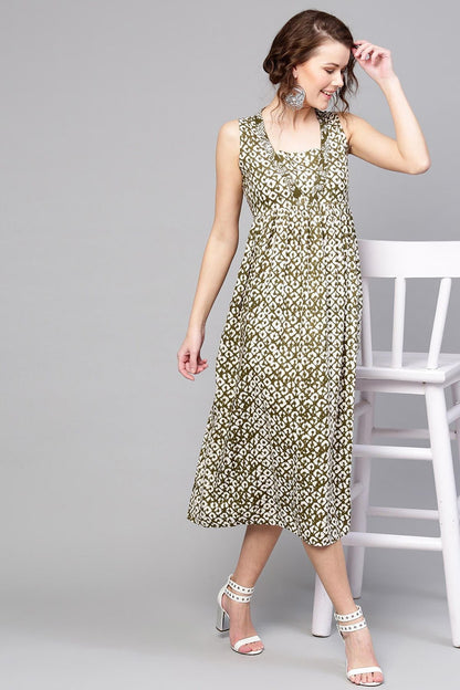 Women's Olive Geo Print Sleeveless Dress