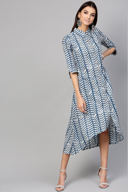 Women's Indigo Leaf Printed High Low Dress