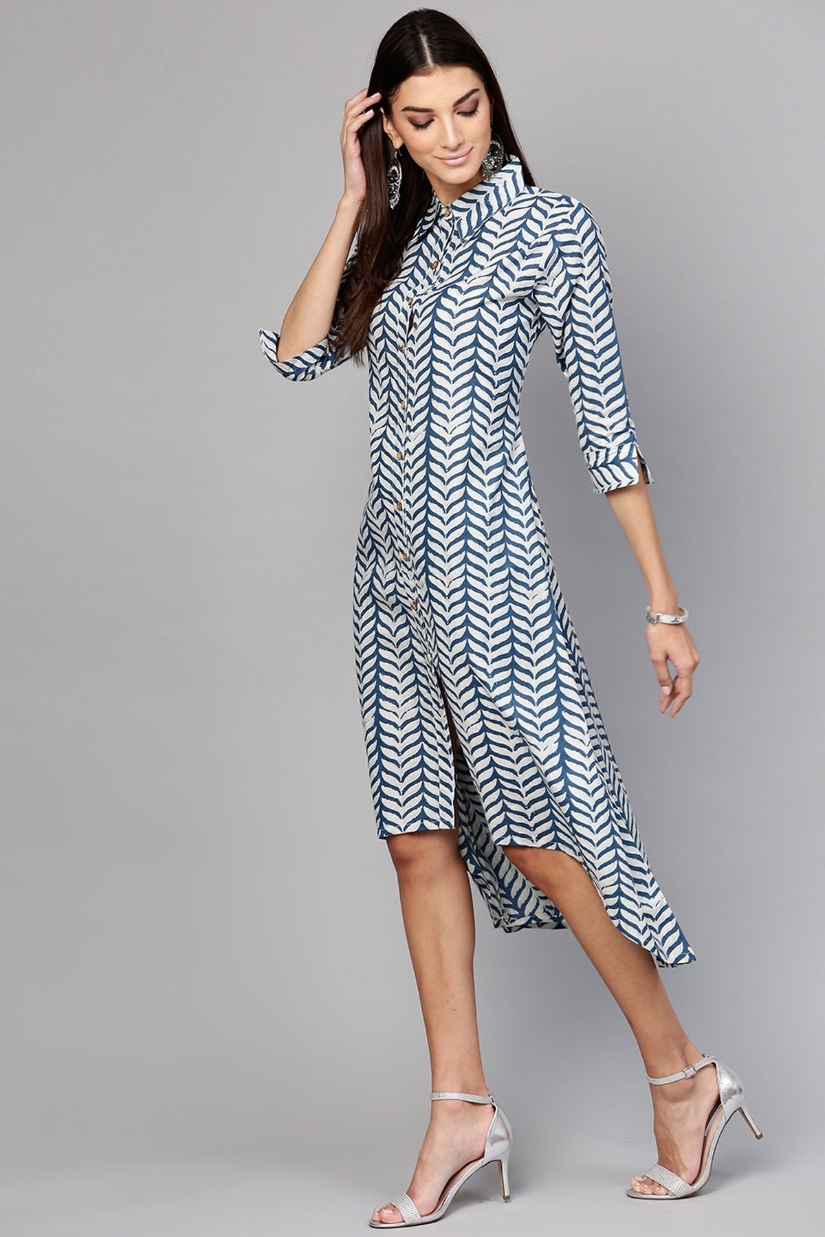 Women's Indigo Leaf Printed High Low Dress