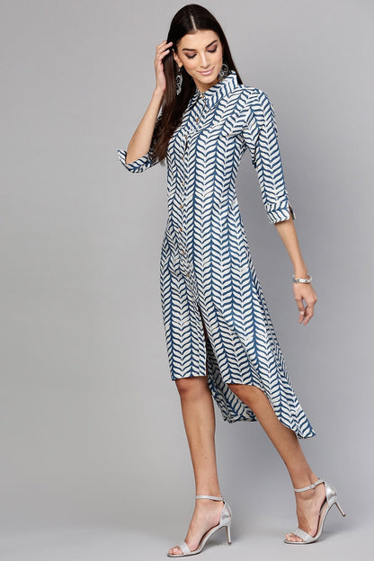 Women's Indigo Leaf Printed High Low Dress