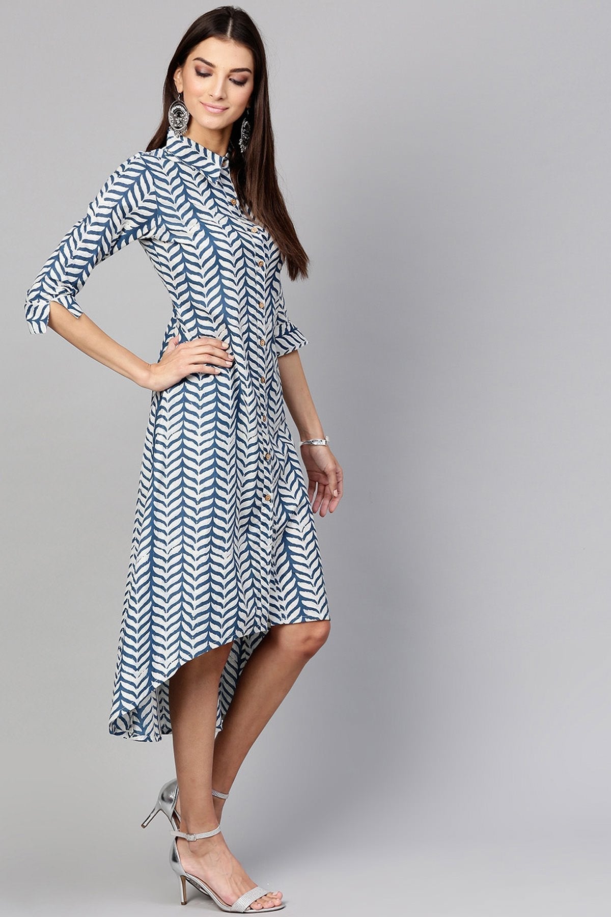 Women's Indigo Leaf Printed High Low Dress