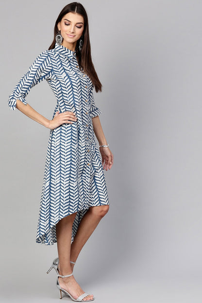 Women's Indigo Leaf Printed High Low Dress