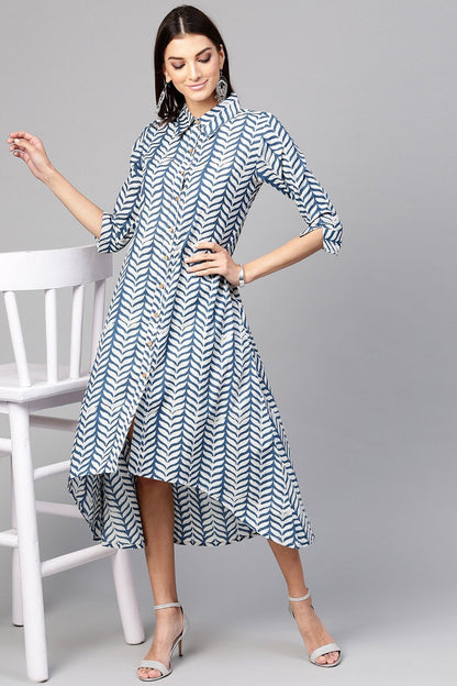 Women's Indigo Leaf Printed High Low Dress