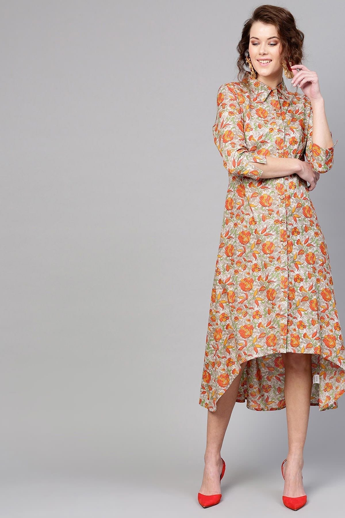 Women's Grey Orange Floral High Low Dress