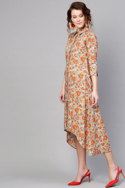 Women's Grey Orange Floral High Low Dress