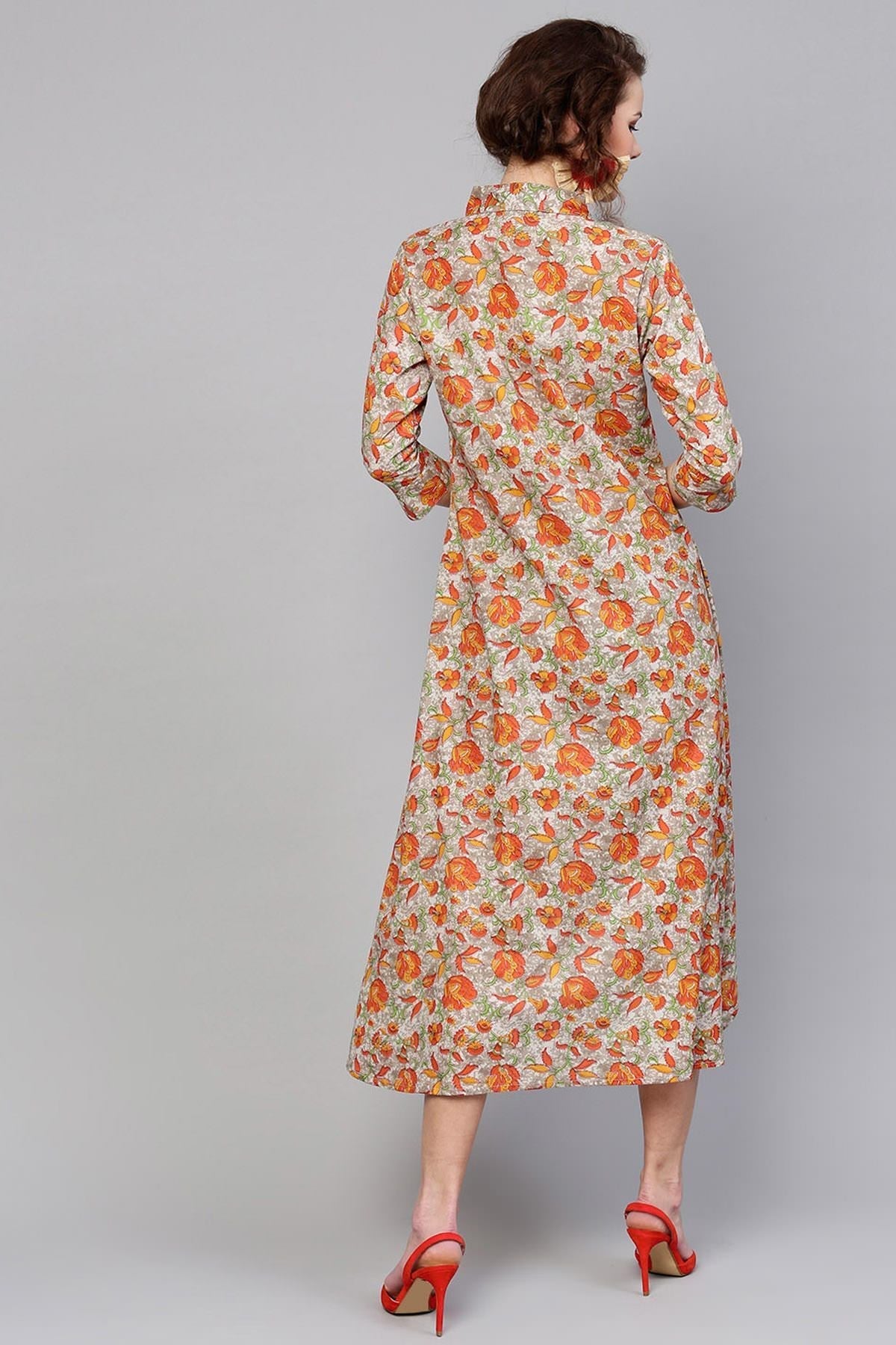 Women's Grey Orange Floral High Low Dress