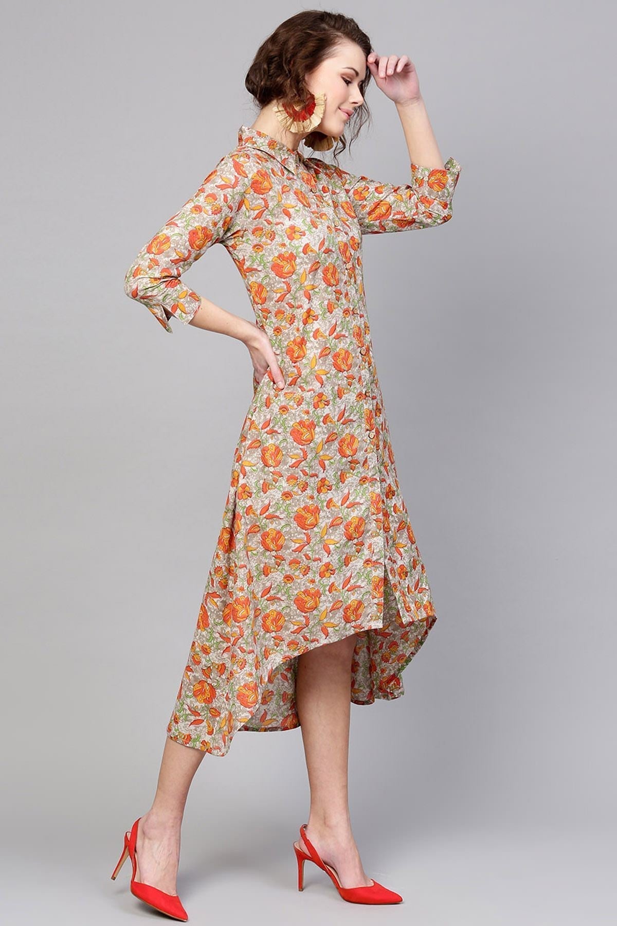 Women's Grey Orange Floral High Low Dress
