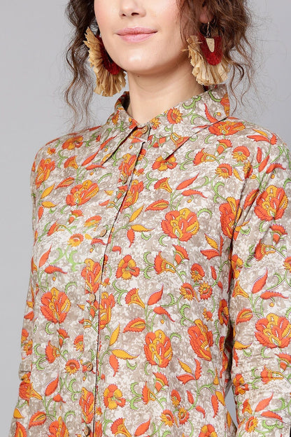 Women's Grey Orange Floral High Low Dress