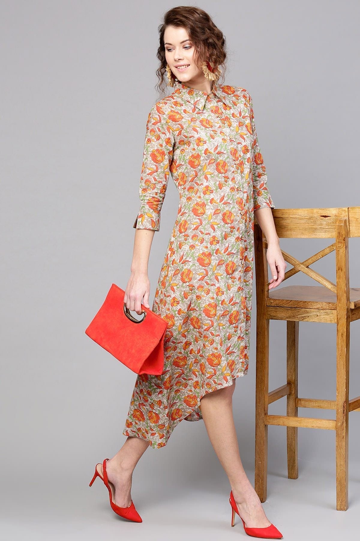 Women's Grey Orange Floral High Low Dress