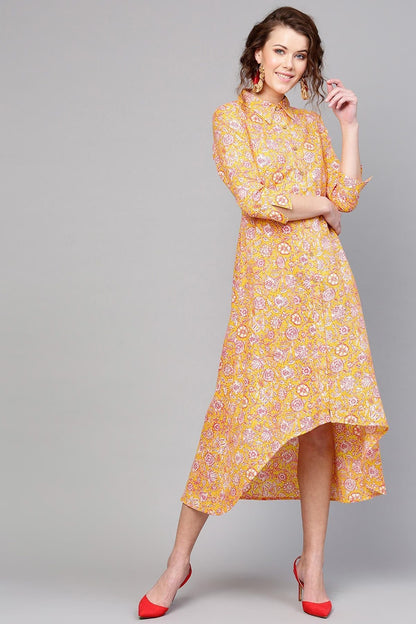 Women's Yellow Pink Floral High Low Dress