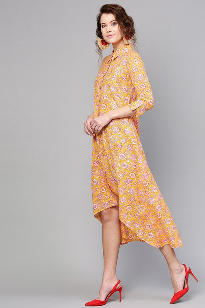 Women's Yellow Pink Floral High Low Dress
