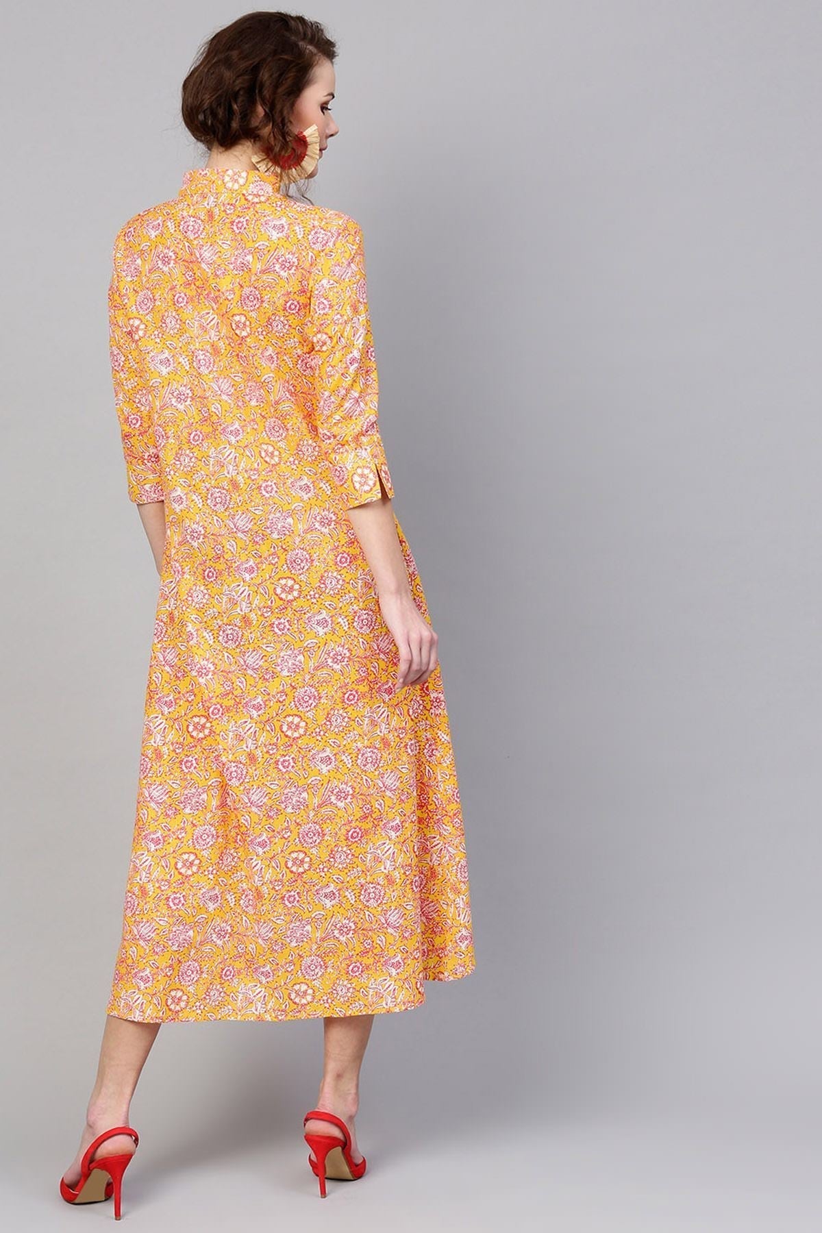 Women's Yellow Pink Floral High Low Dress