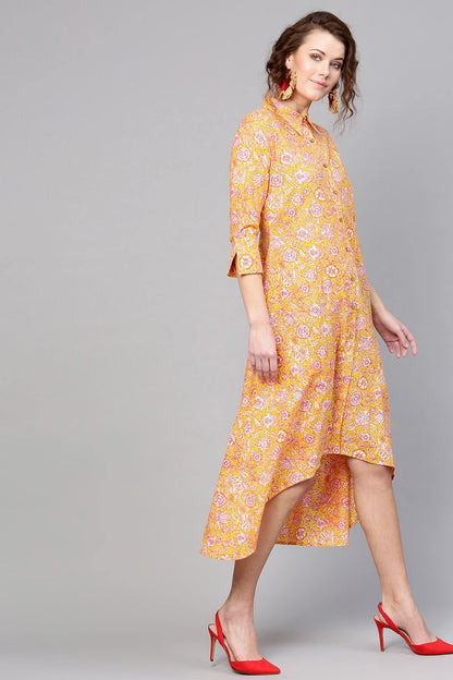 Women's Yellow Pink Floral High Low Dress