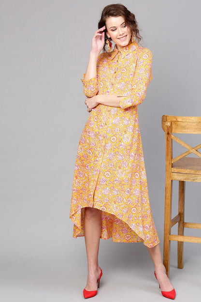 Women's Yellow Pink Floral High Low Dress