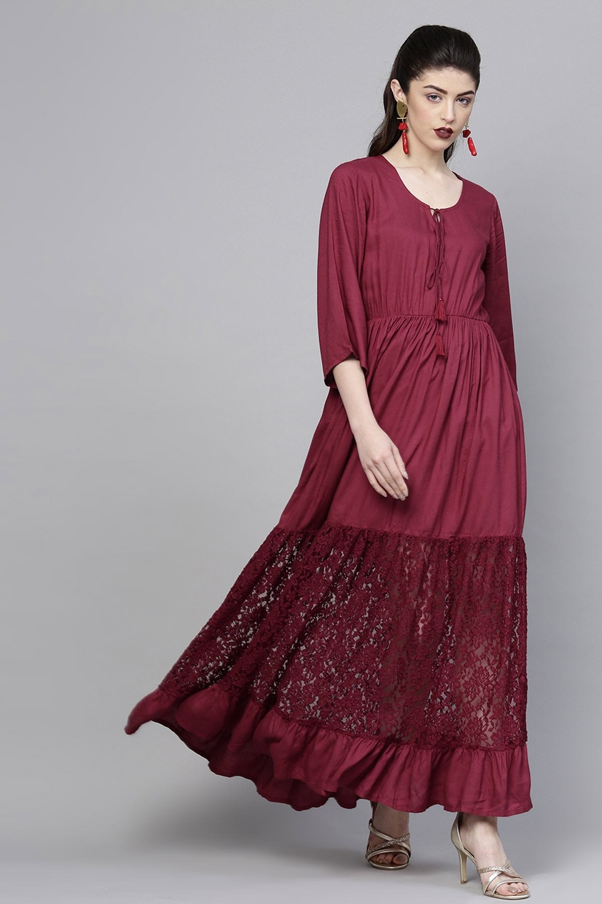 Women's Wine Lace Insert Tiered Maxi