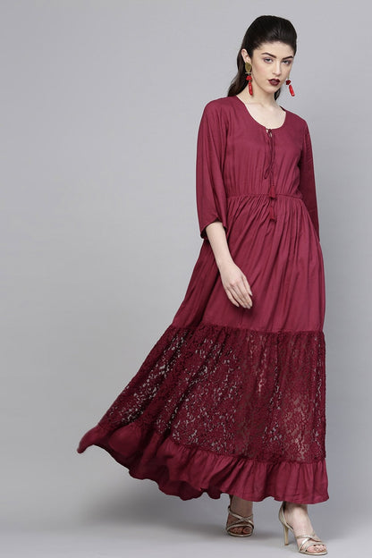 Women's Wine Lace Insert Tiered Maxi