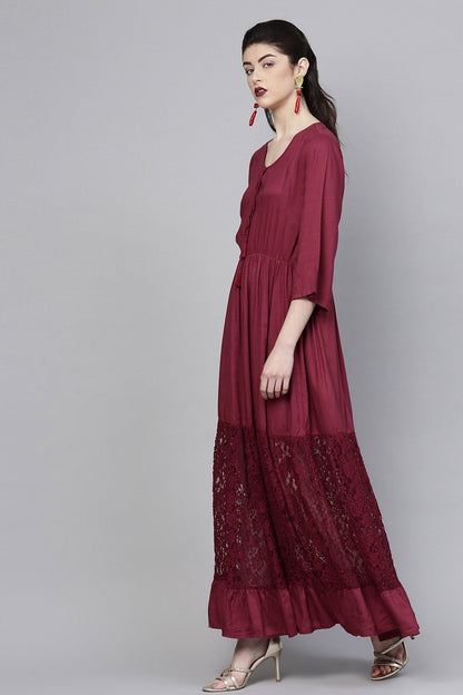 Women's Wine Lace Insert Tiered Maxi
