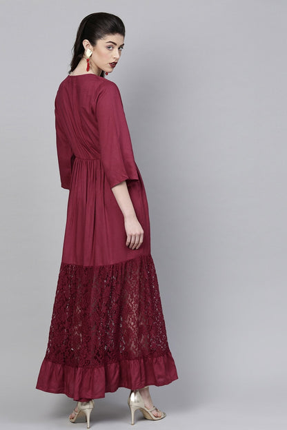 Women's Wine Lace Insert Tiered Maxi