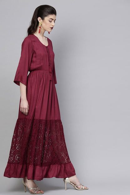 Women's Wine Lace Insert Tiered Maxi