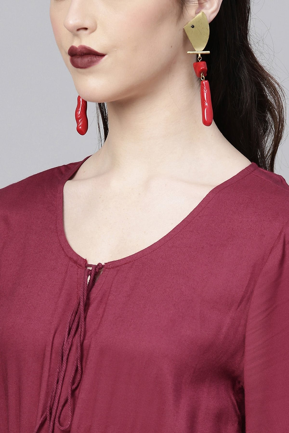 Women's Wine Lace Insert Tiered Maxi