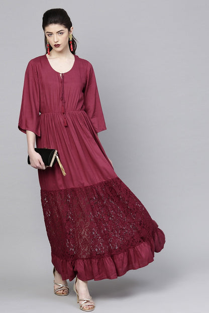 Women's Wine Lace Insert Tiered Maxi
