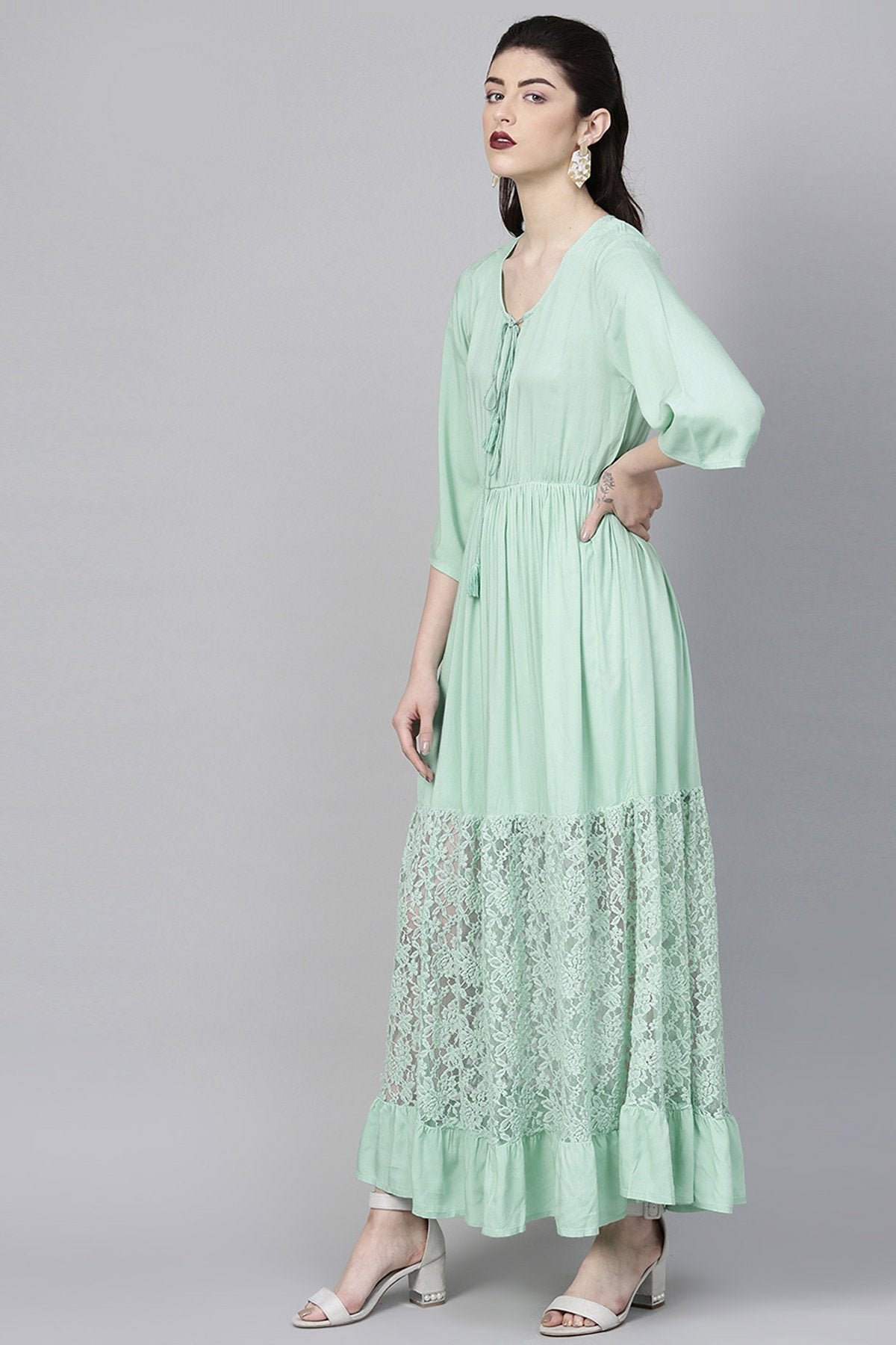 Women's Mint Blue Lace Insert Tiered Maxi