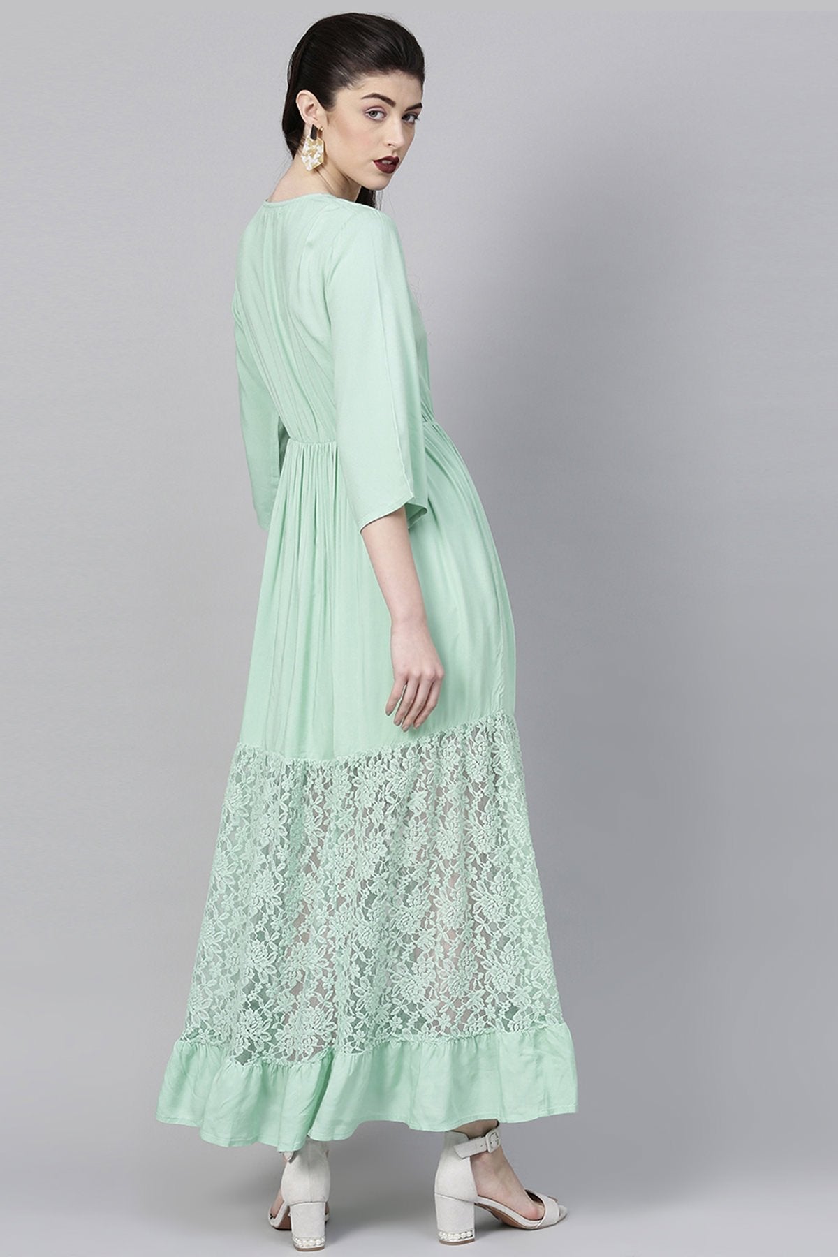 Women's Mint Blue Lace Insert Tiered Maxi