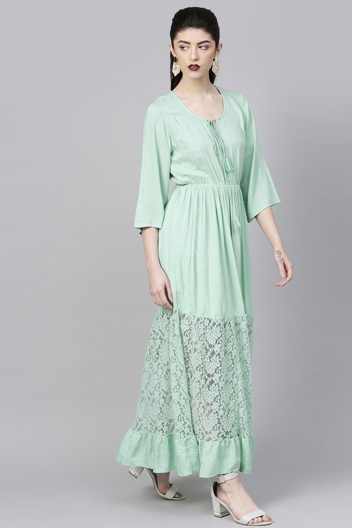 Women's Mint Blue Lace Insert Tiered Maxi