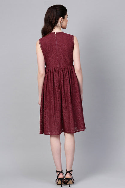 Women's Wine Sleeveless Lace Neck Midi