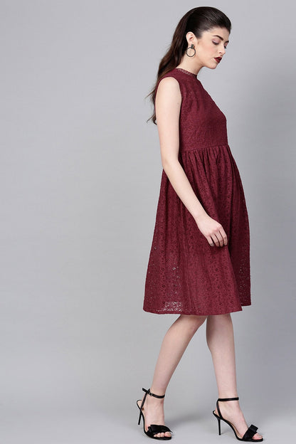 Women's Wine Sleeveless Lace Neck Midi