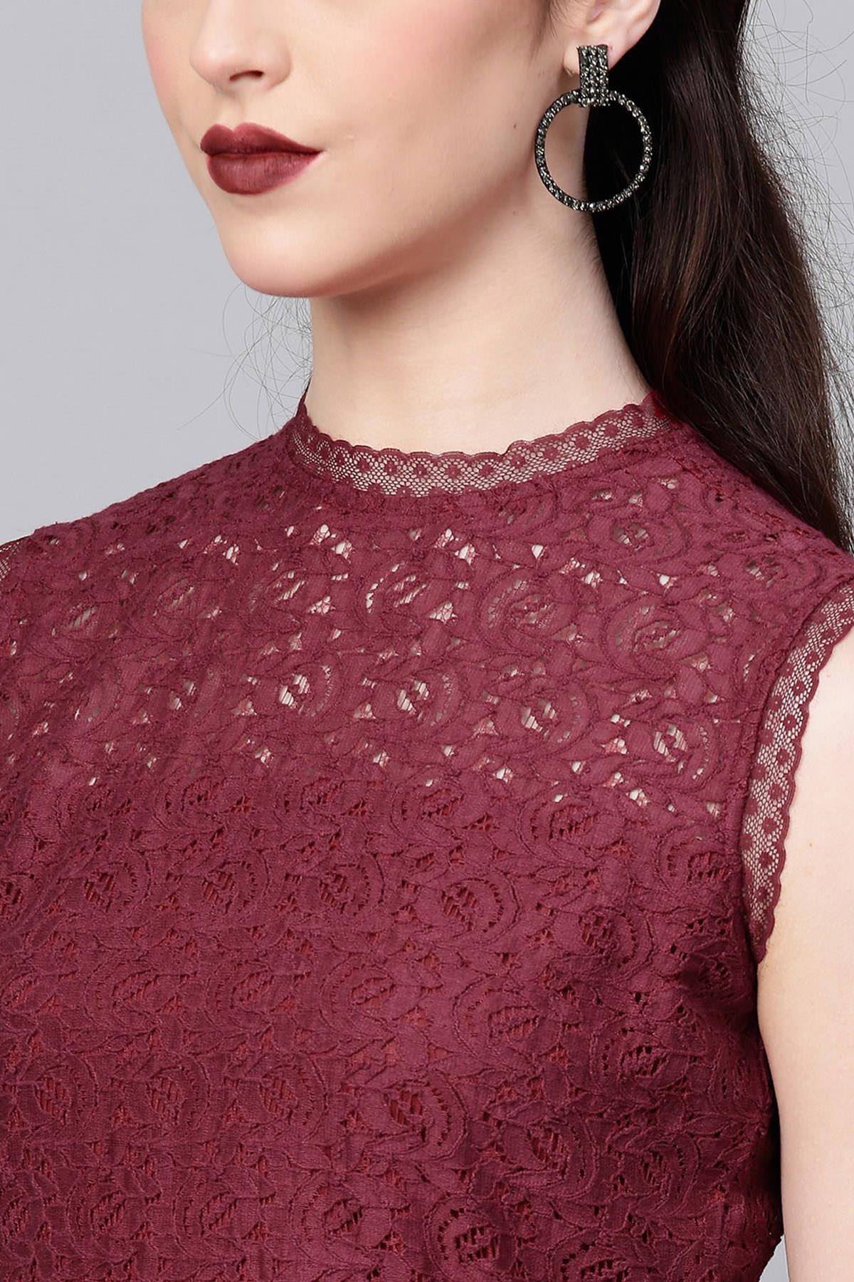Women's Wine Sleeveless Lace Neck Midi