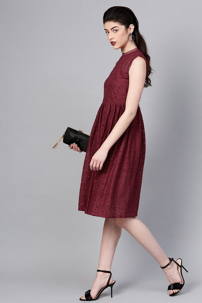 Women's Wine Sleeveless Lace Neck Midi