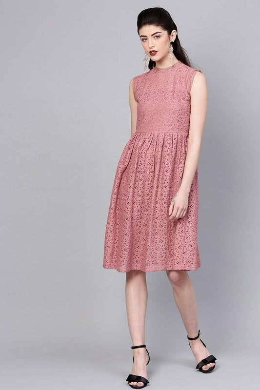 Women's Onion Pink Sleeveless Lace Neck Midi