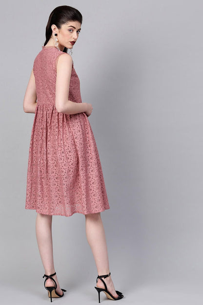 Women's Onion Pink Sleeveless Lace Neck Midi