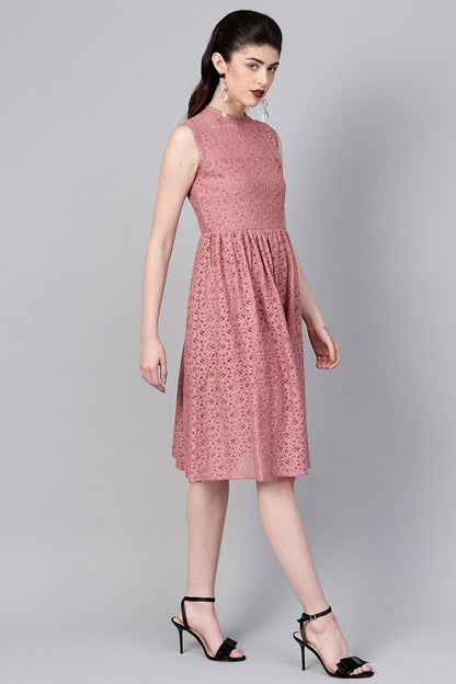 Women's Onion Pink Sleeveless Lace Neck Midi
