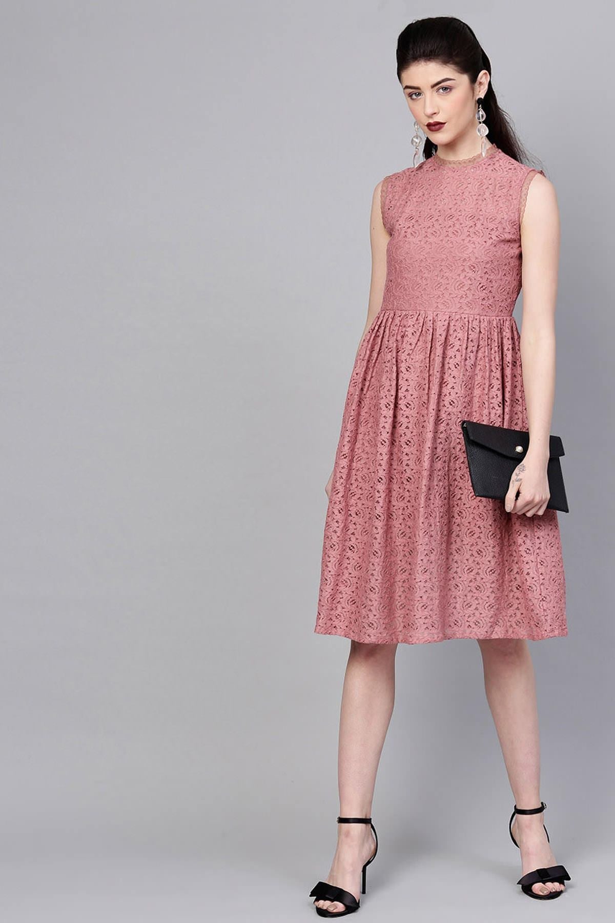Women's Onion Pink Sleeveless Lace Neck Midi