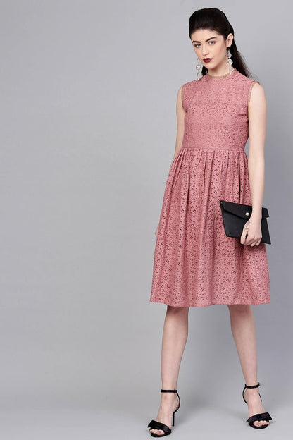 Women's Onion Pink Sleeveless Lace Neck Midi