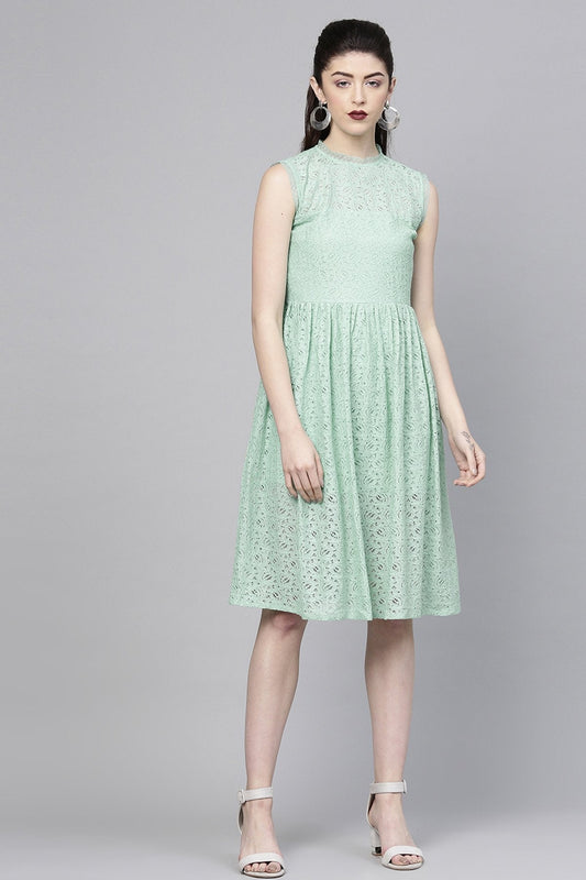 Women's Mint Blue Sleeveless Lace Neck Midi