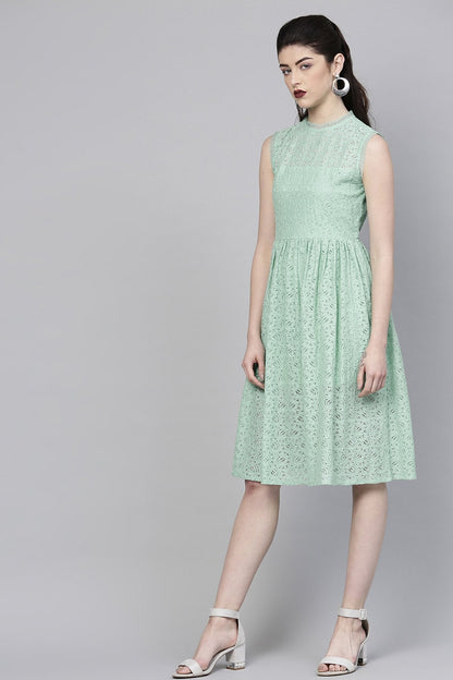 Women's Mint Blue Sleeveless Lace Neck Midi