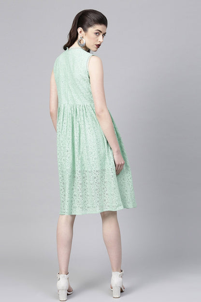 Women's Mint Blue Sleeveless Lace Neck Midi
