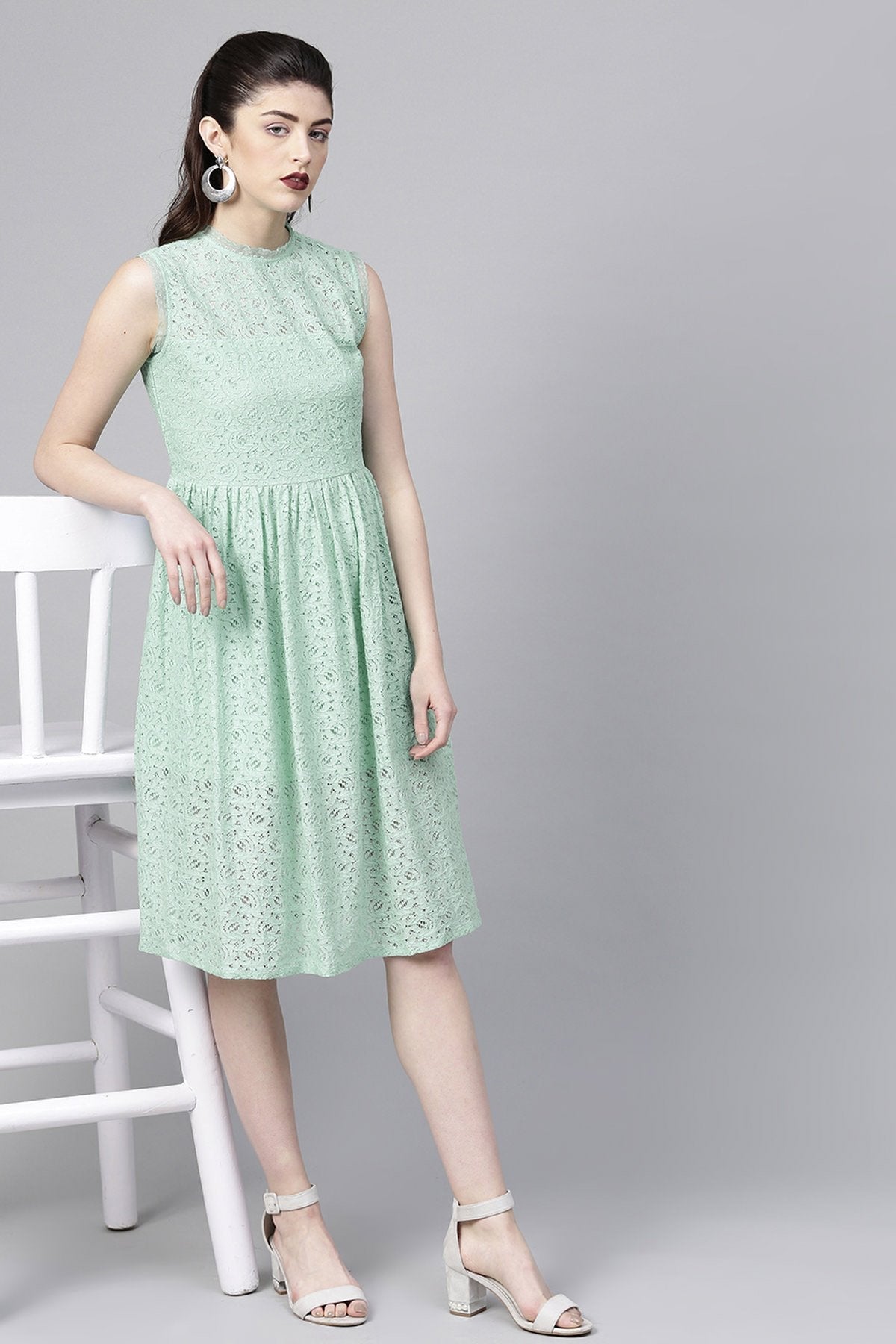 Women's Mint Blue Sleeveless Lace Neck Midi
