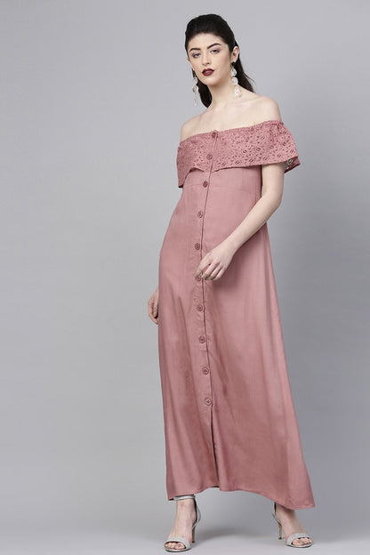 Women's Onion Pink Lace Frill Off Shoulder Maxi