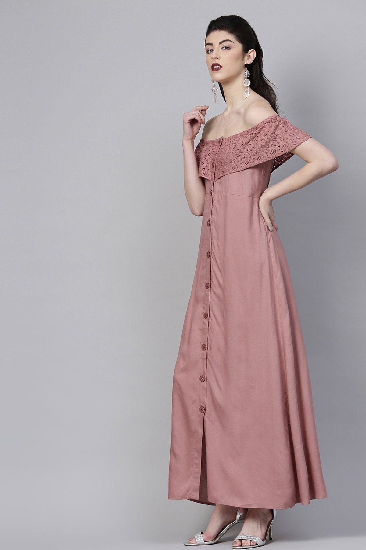 Women's Onion Pink Lace Frill Off Shoulder Maxi